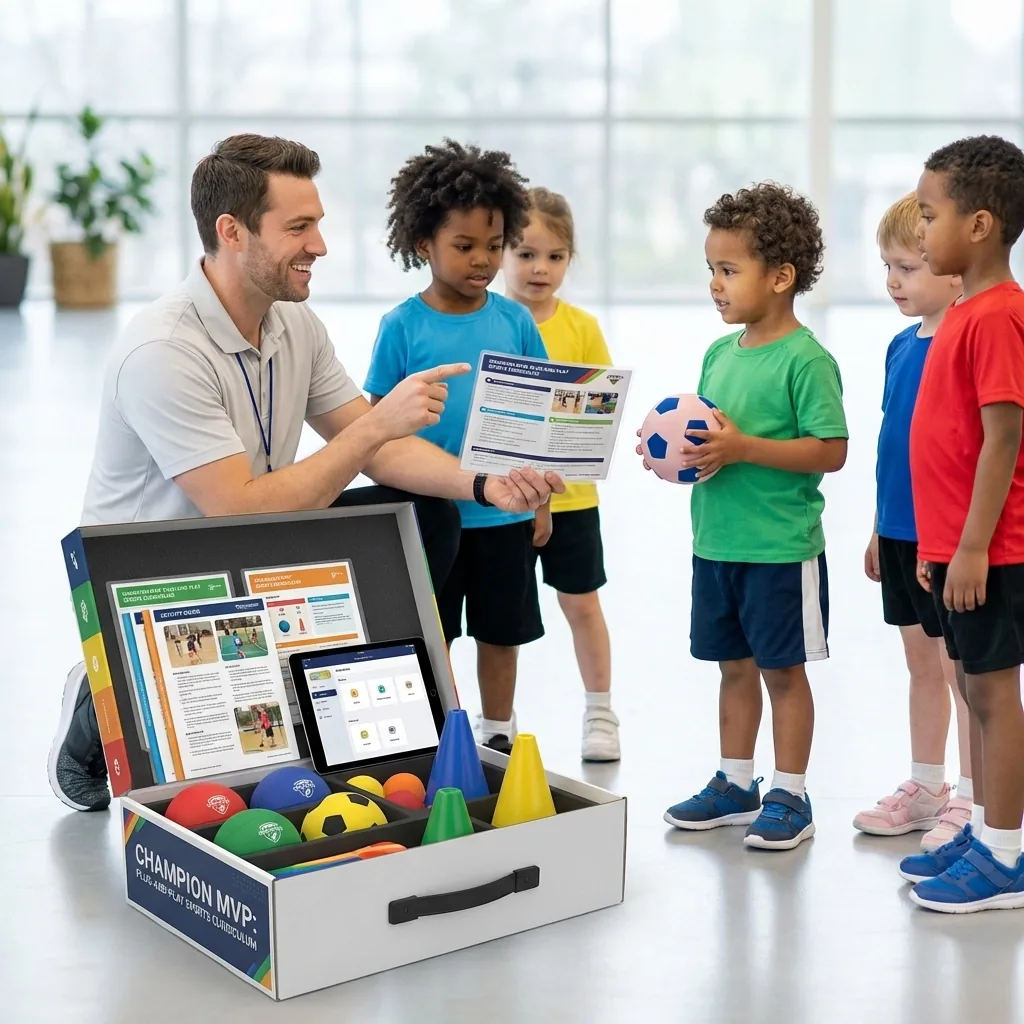 A teacher holding a Champion MVP lesson guide shows a group of young children a soccer ball beside a kit box of sports gear