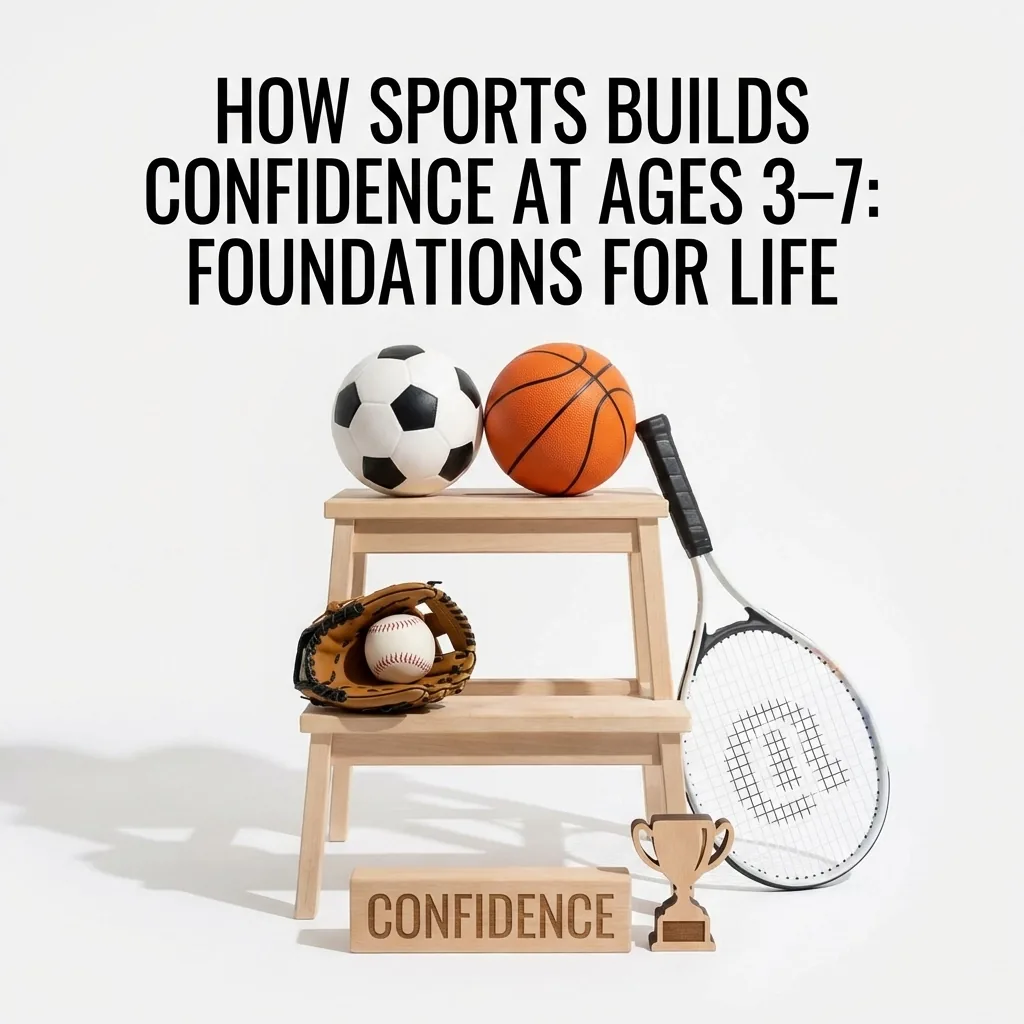 A wooden step stool labeled Confidence holding a soccer ball, basketball, baseball glove and tennis racket