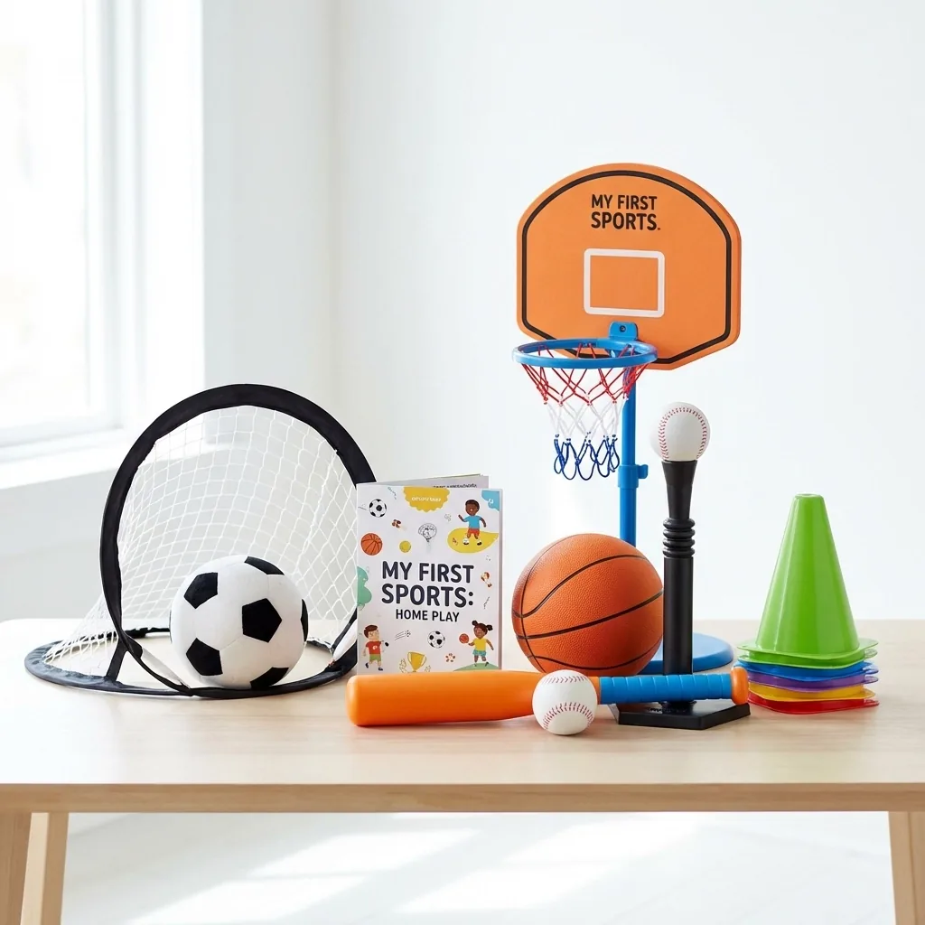 A toddler basketball hoop, T-ball stand, soccer ball, cones and a My First Sports book set up on a table at home