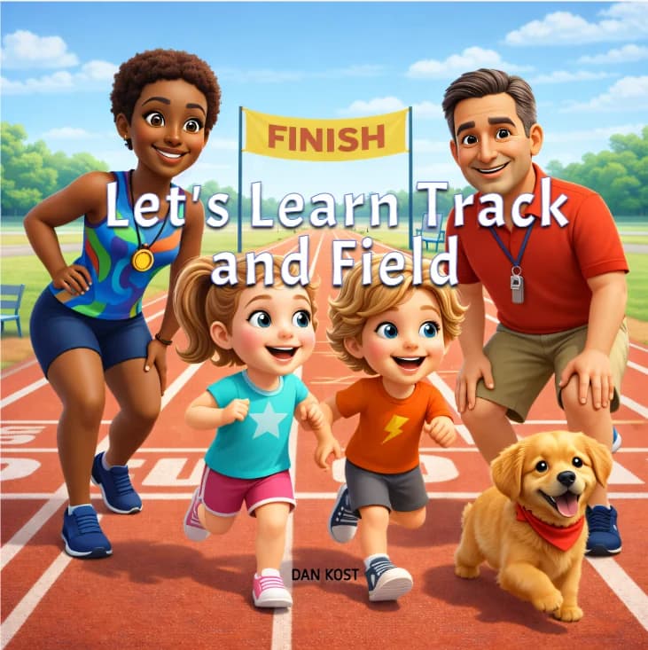 Let’s Run Track & Field audiobook cover with the Champion MVP characters