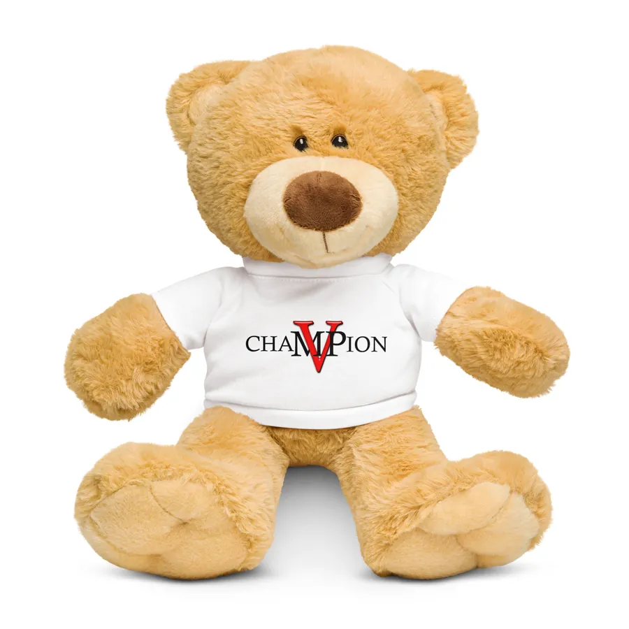 Champion MVP teddy bear with a t-shirt with the Champion MVP logo