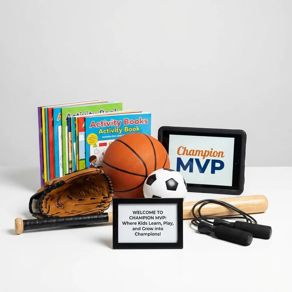 Champion MVP activity books, a branded tablet and a basketball, soccer ball and baseball glove