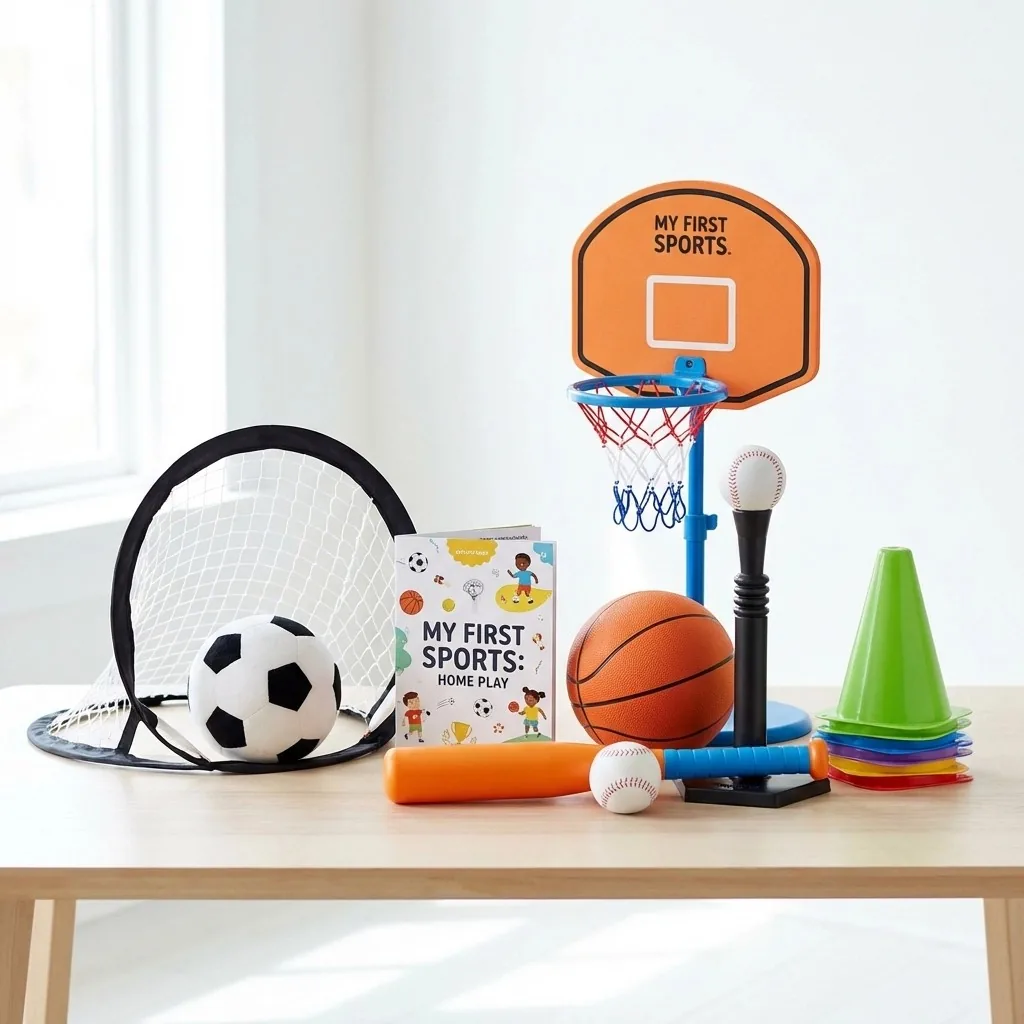 A toddler basketball hoop, T-ball stand, soccer ball, cones and a My First Sports book set up on a table at home