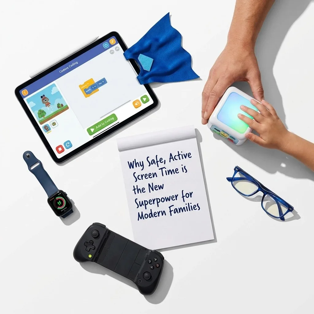 A tablet, smartwatch, game controller and a notepad about safe, active screen time for families