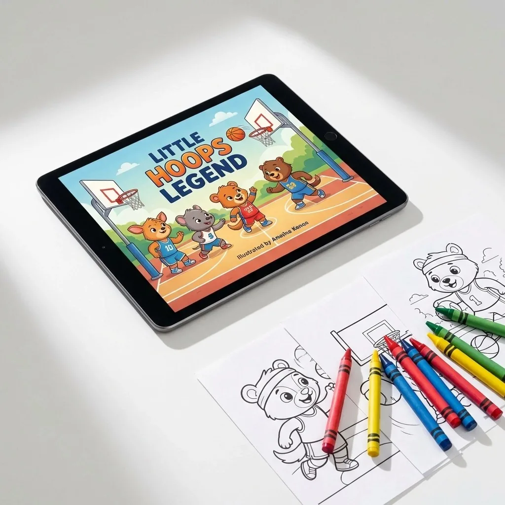 A tablet showing a Champion MVP kids basketball game next to printed coloring pages and crayons