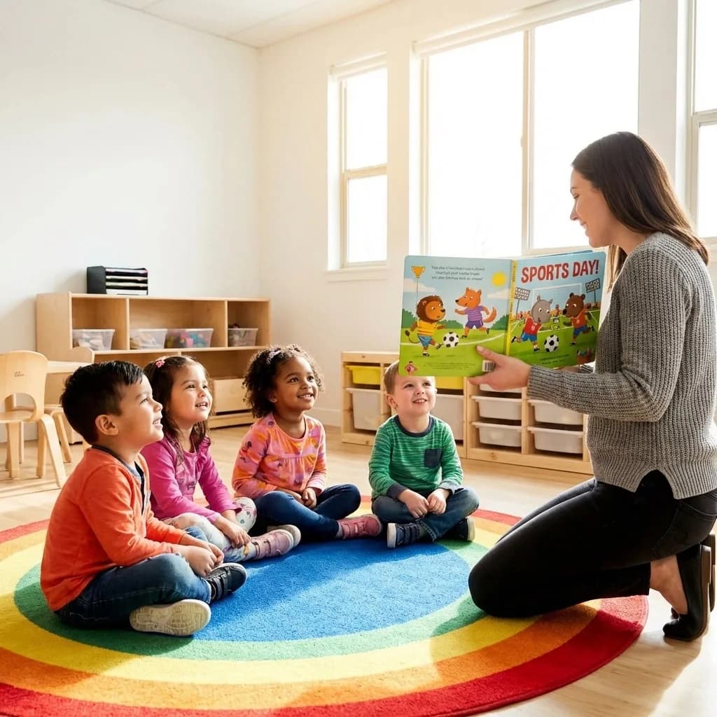 A teacher reads a Champion MVP sports storybook aloud to preschool children seated on a rainbow rug